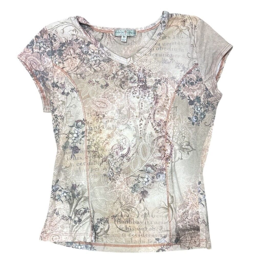 Vintage Suzie Y2K 90s Baby Tee AOP M Floral Paisley Rhinestone Fairy Shirt USA